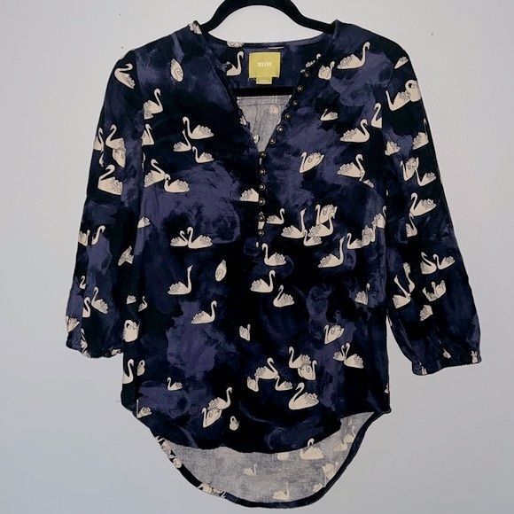 Anthropologie Bethesda Blue Top By Maeve Swan Print Brushed Cotton Size XS - Picture 1 of 7
